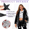 A model wears a black faux fur jacket and black pants, showcasing sparkling star iron-on patches on her outfit.