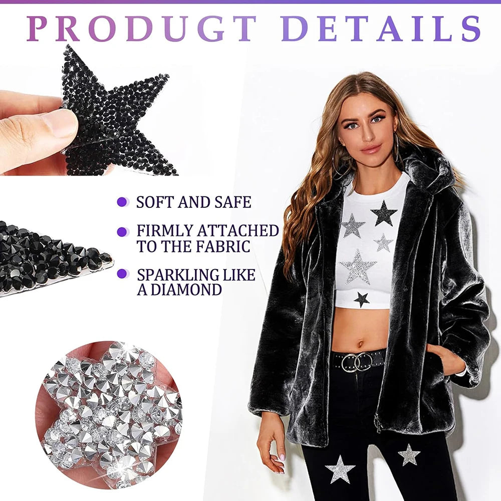 A model wears a black faux fur jacket and black pants, showcasing sparkling star iron-on patches on her outfit.
