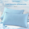 Light blue cooling beanie pillowcase with a quilted texture shown next to ice.