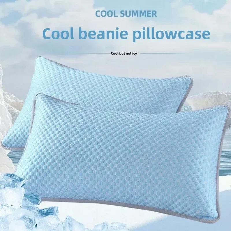 Light blue cooling beanie pillowcase with a quilted texture shown next to ice.