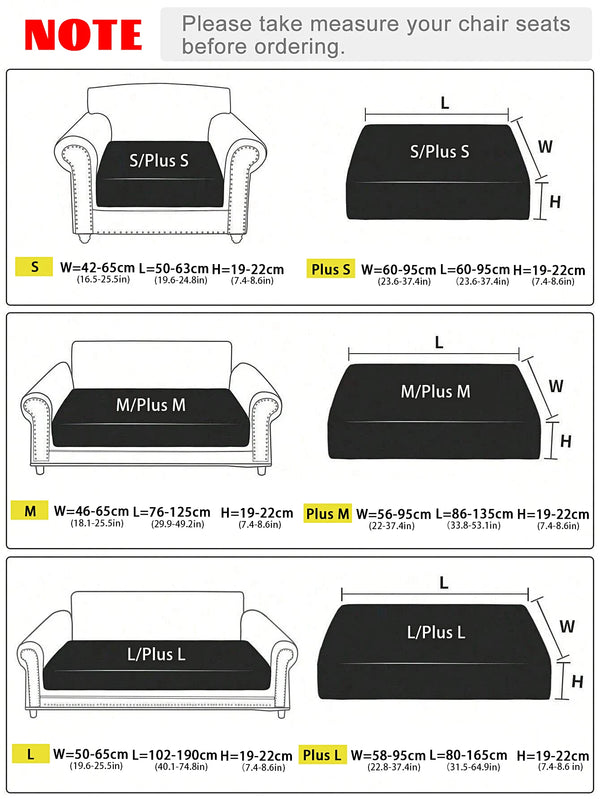 Diagrams showing various sizes and dimensions for S, M, and L sofa slipcovers.