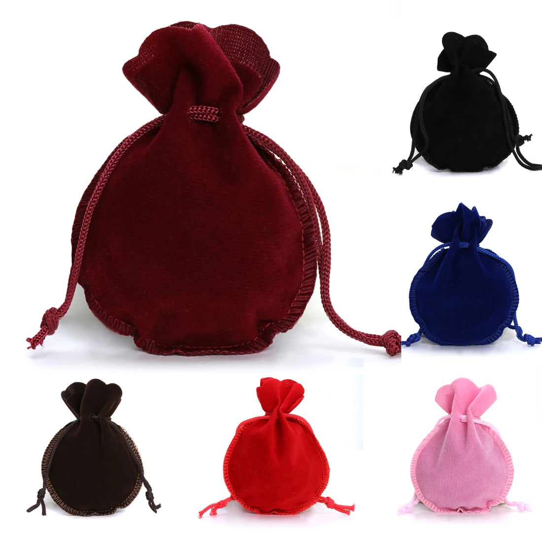 A set of ten velvet drawstring gift bags in various shades including burgundy, navy blue, red, and pink.