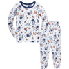 A long-sleeved and full-length pajama set for a child featuring a white fabric with an all-over pattern of cartoon astronauts