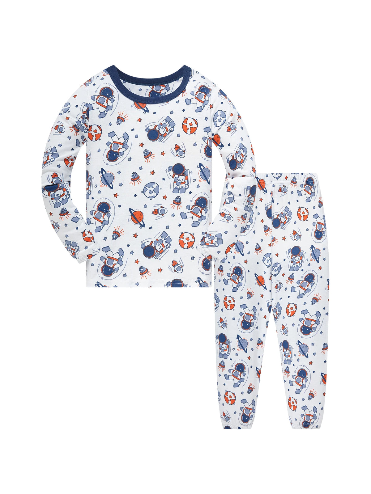 A long-sleeved and full-length pajama set for a child featuring a white fabric with an all-over pattern of cartoon astronauts