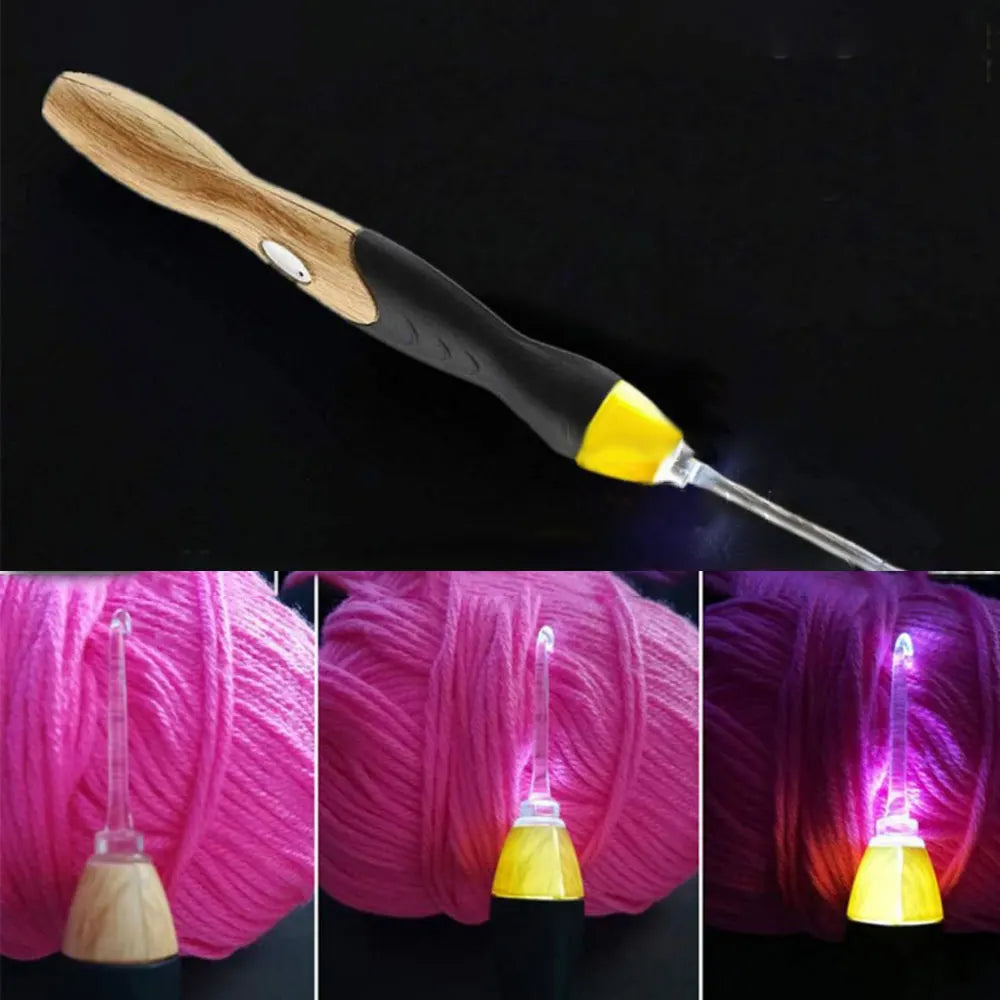 A wooden and black rechargeable LED crochet hook set with yellow accents shown against a pink yarn background.