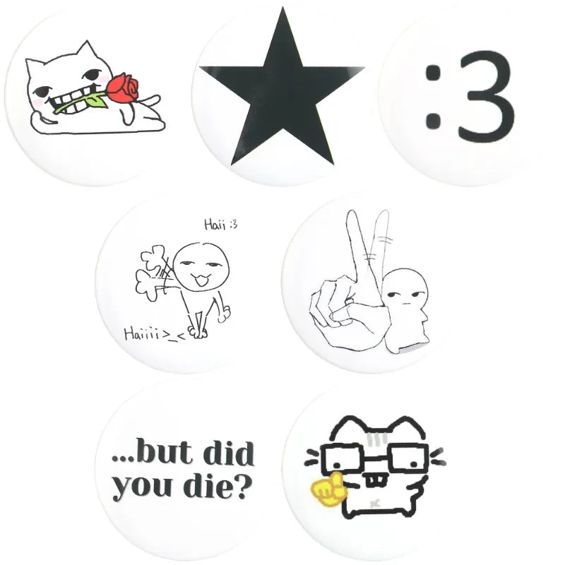 A set of funny tinplate pin brooches featuring animal and music themed designs.