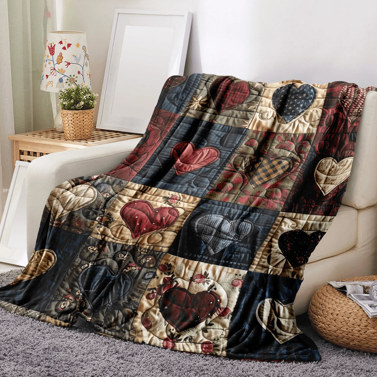 A plaid flannel throw blanket featuring a heart print in shades of red, blue, and brown.
