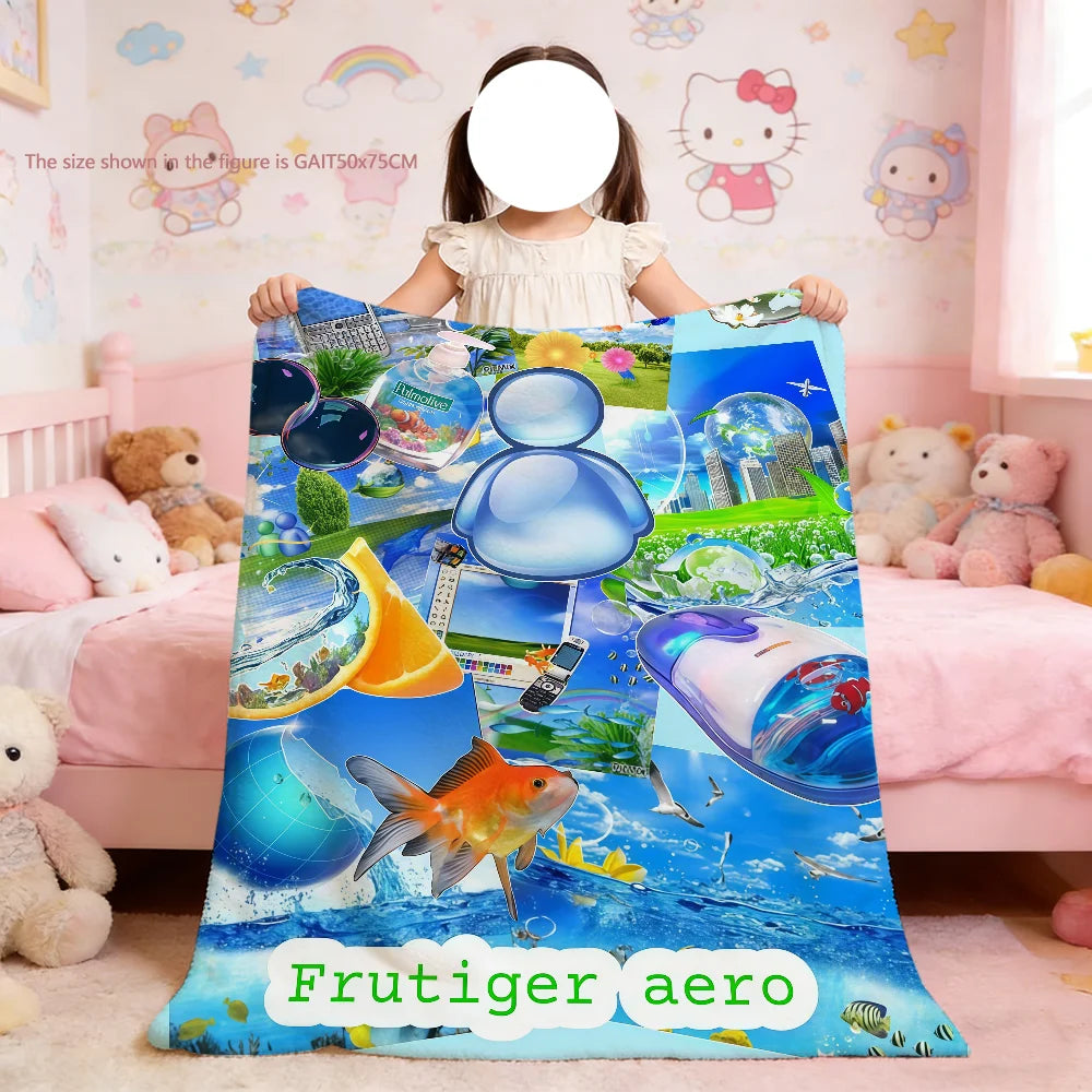 A bright blue Frutiger Aero art throw blanket featuring colorful fruit and nature designs