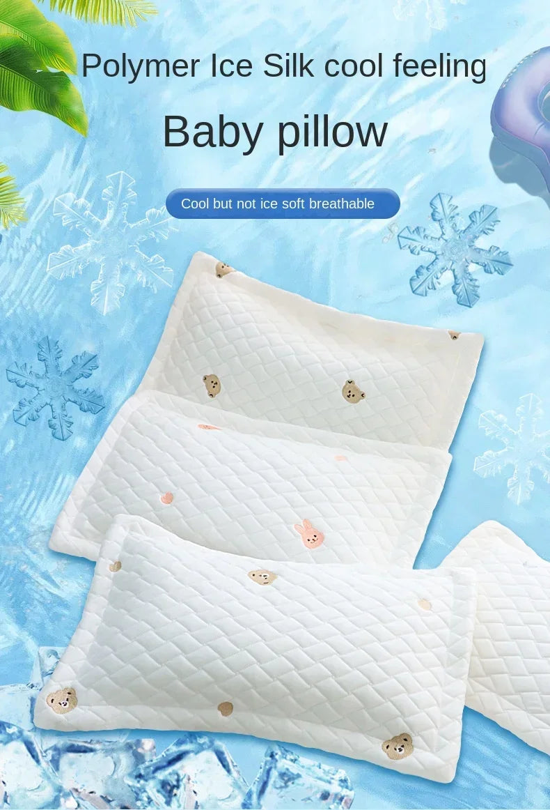 White polymer ice silk baby pillow with a quilted pattern and small bear designs