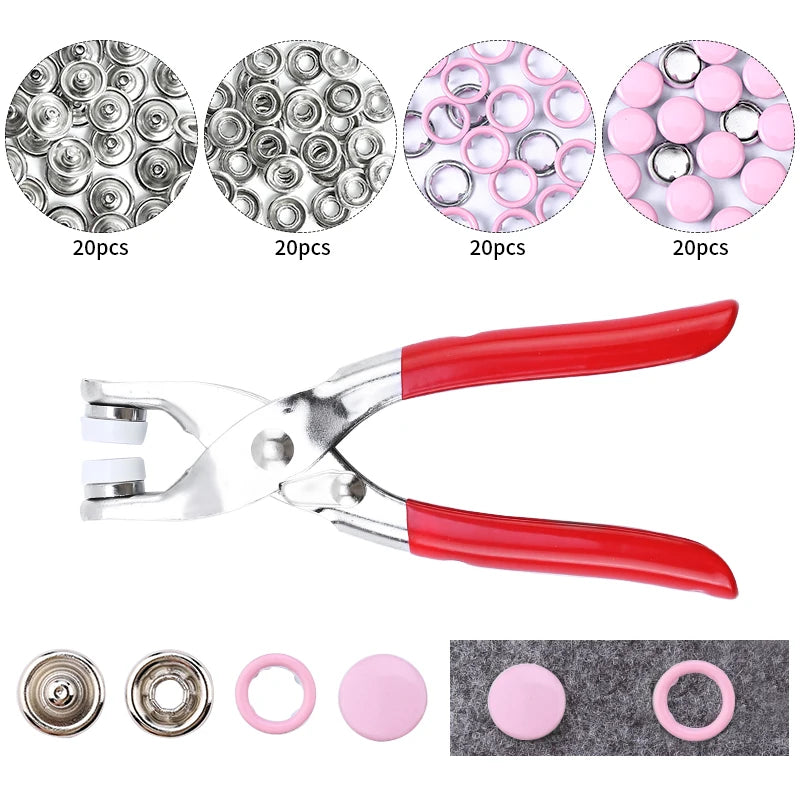 A set of heavy duty metal snap fasteners and related components including various sizes and colors.