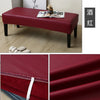 A deep red waterproof stretch dining bench cover is shown on a wooden bench, with close-ups of the fabric texture and stitchi