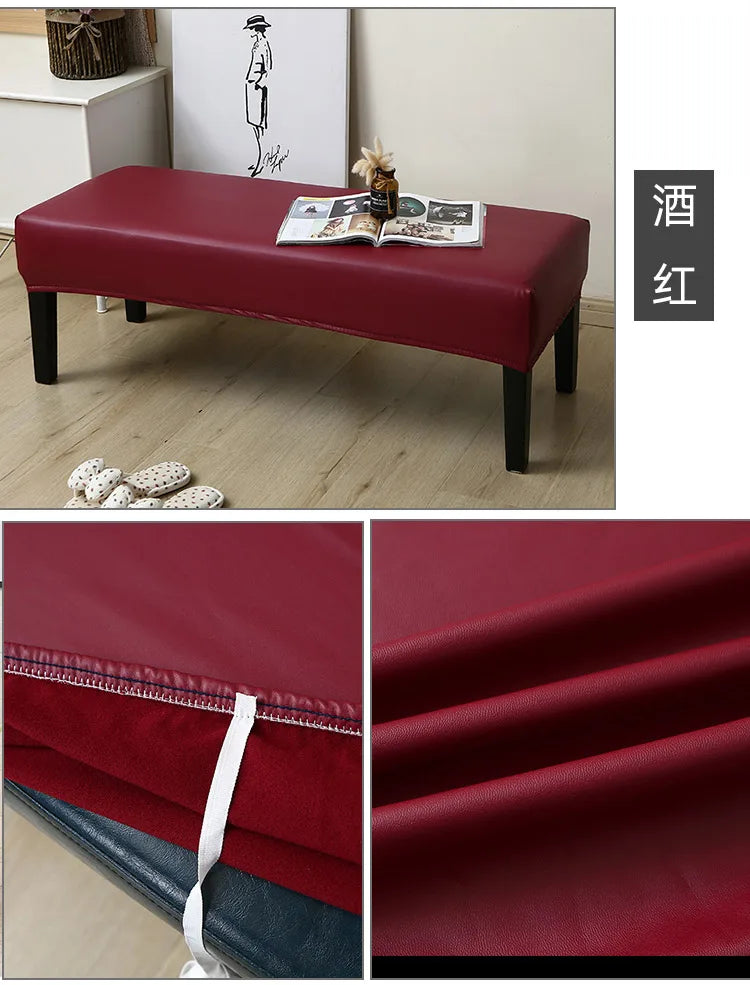 A deep red waterproof stretch dining bench cover is shown on a wooden bench, with close-ups of the fabric texture and stitchi