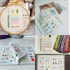 A set of beginner embroidery stitch books showing various stitches and patterns on fabric.