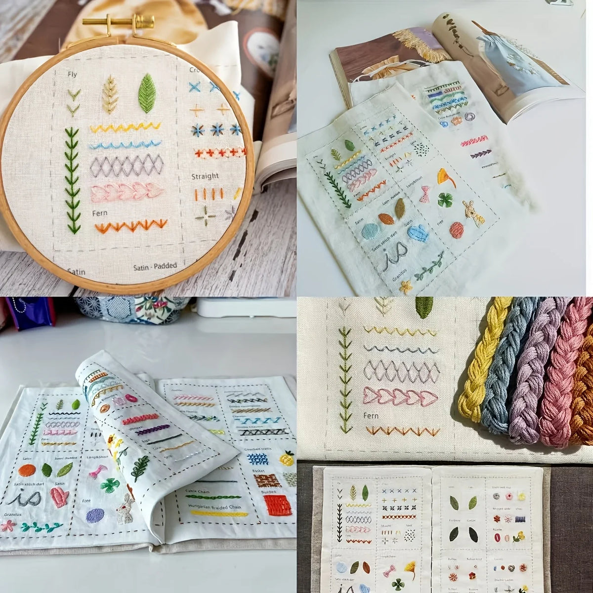A set of beginner embroidery stitch books showing various stitches and patterns on fabric.