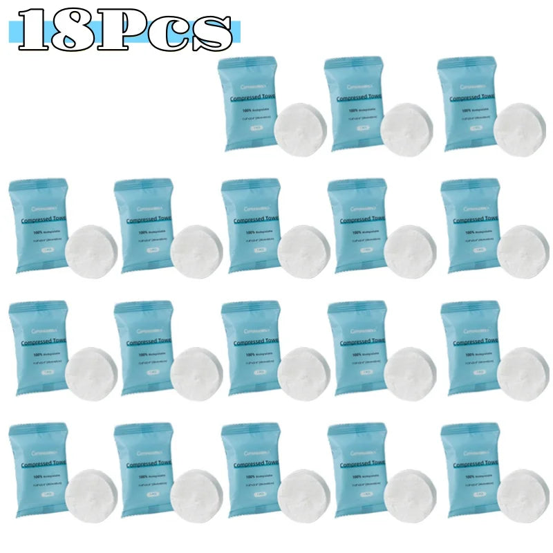 A pack of 18 disposable compressed fiber face towels in blue packaging.