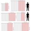 Diagrams showing various curtain sizes and corresponding measurements for light filtering drapes.