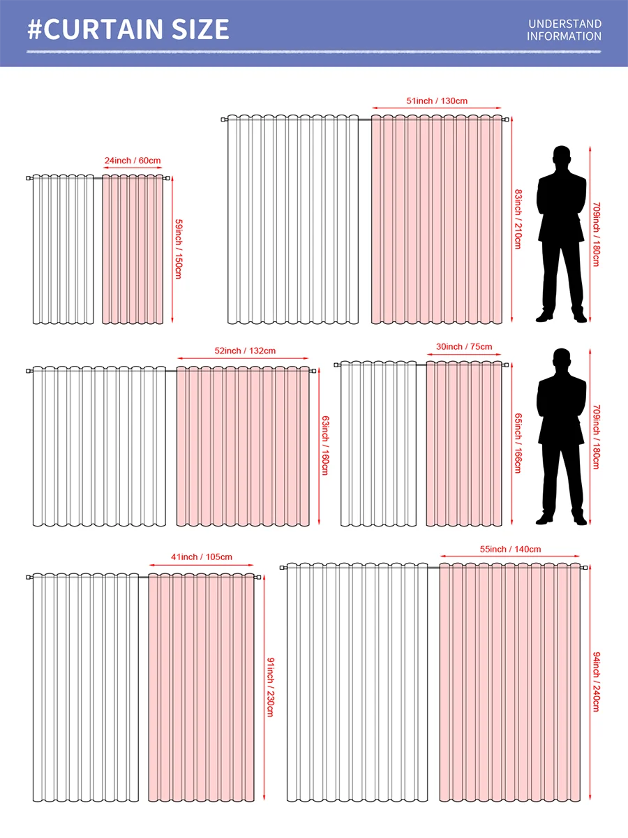 Diagrams showing various curtain sizes and corresponding measurements for light filtering drapes.