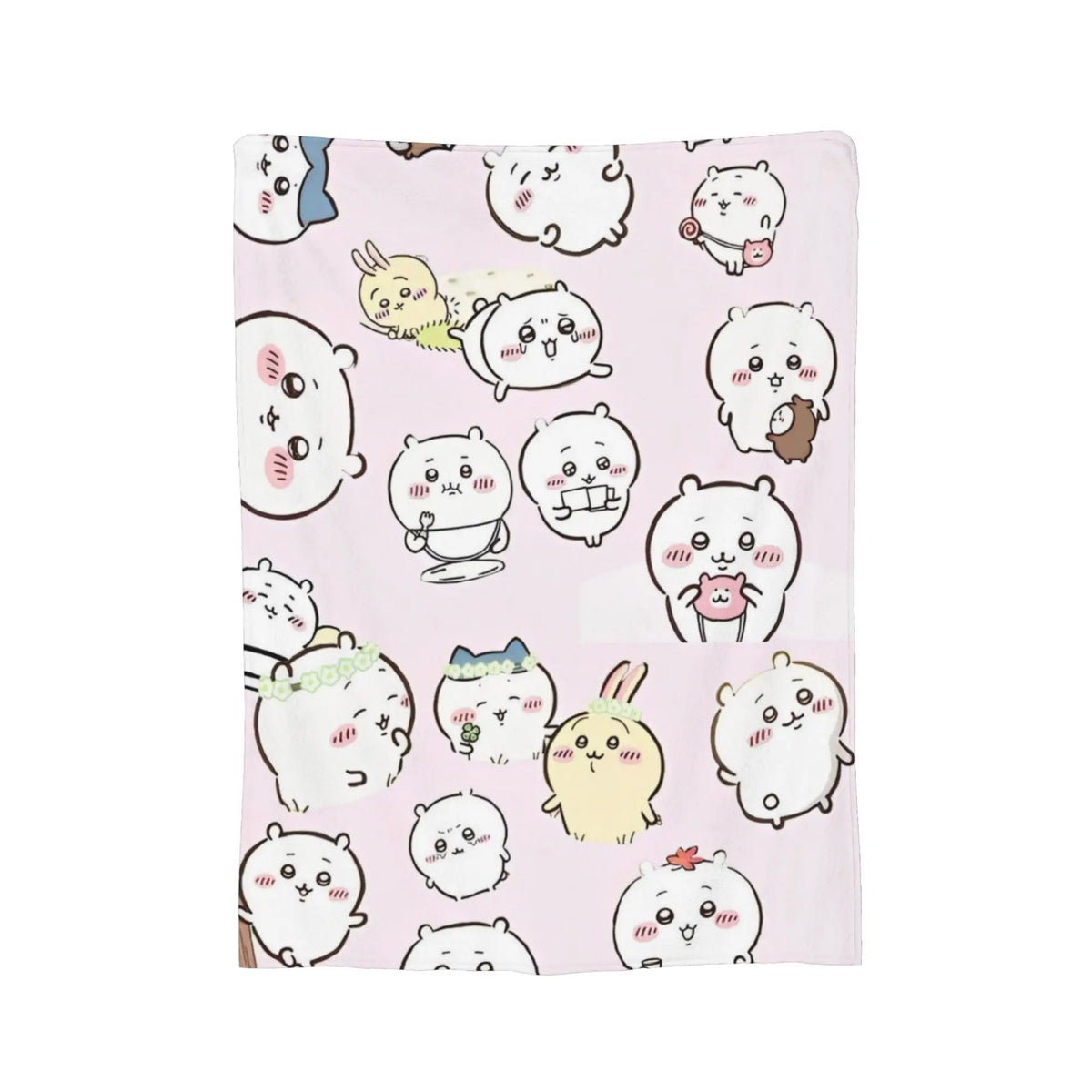 A pink flannel throw blanket featuring a repeating pattern of cute Chiikawa cartoon characters.