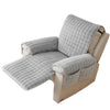 A light beige quilted stretch recliner cover with storage pockets shown from the side.
