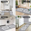 A collection of boho geometric runner rugs displayed in various rooms including a bathroom, laundry area, and living room.