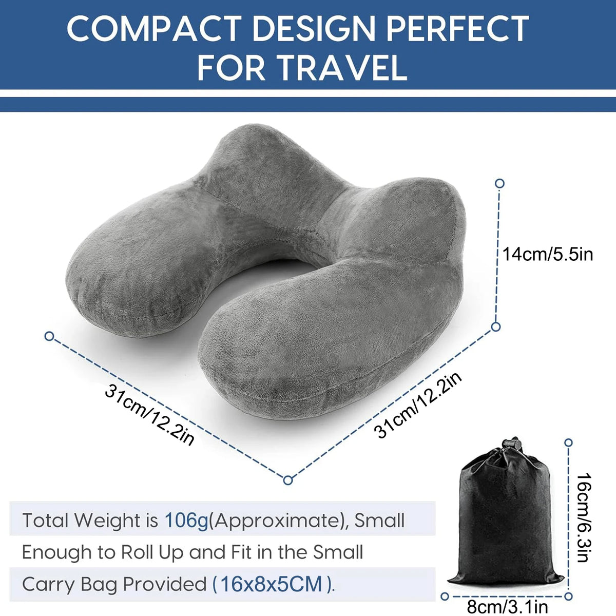 A gray inflatable travel pillow with a soft velvet cover shown from the side.