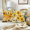 A close-up of an elegant cushion pillow cover featuring a dense pattern of yellow and white sunflowers.