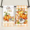 Set of two kitchen towels featuring an orange pumpkin and plaid design for the fall season