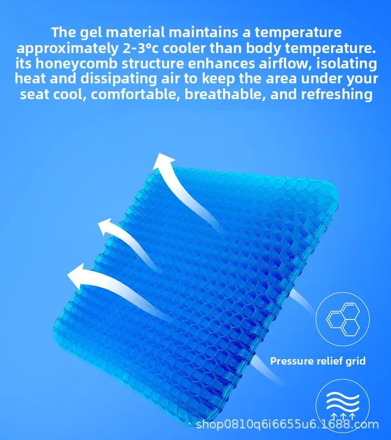 Blue honeycomb structure of an ergonomic cooling seat cushion showing airflow and pressure relief grid
