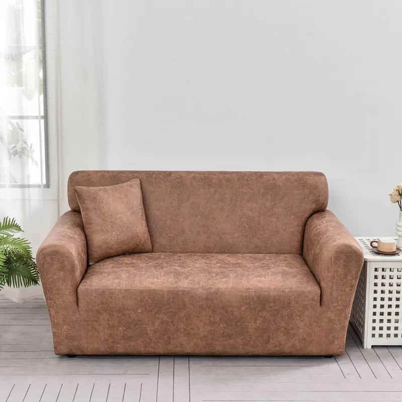 A brown PU leather sofa slipcover placed in a bright living room setting.