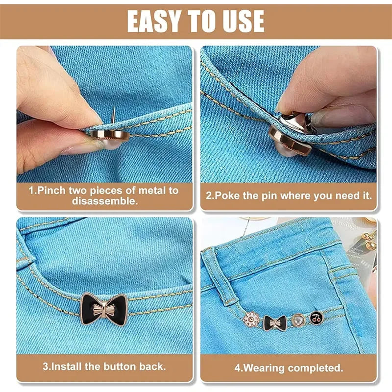 Instructions showing how to use instant removable pearl brooch buttons on denim fabric.