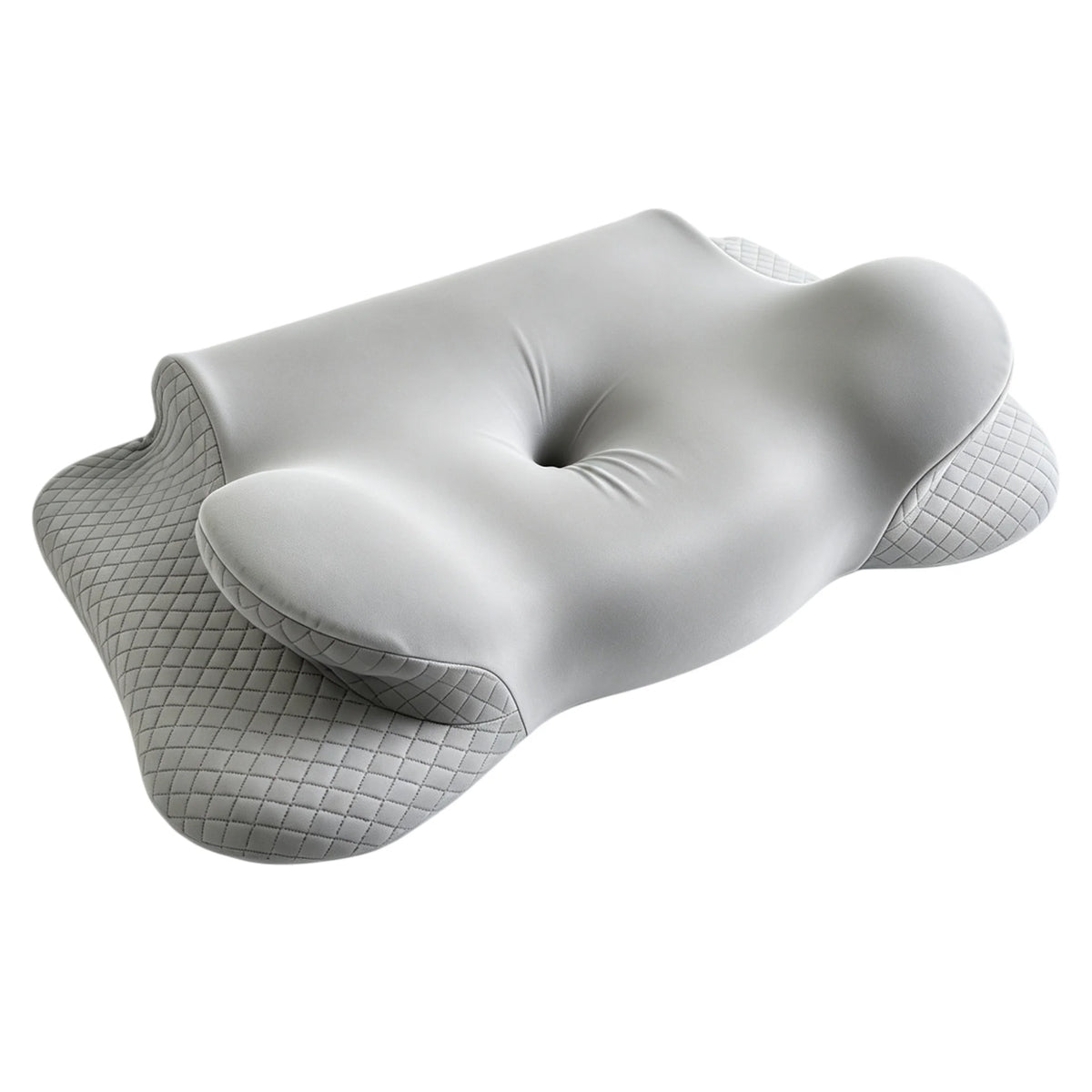 A gray memory foam knee pillow designed for side sleepers and pregnancy support.