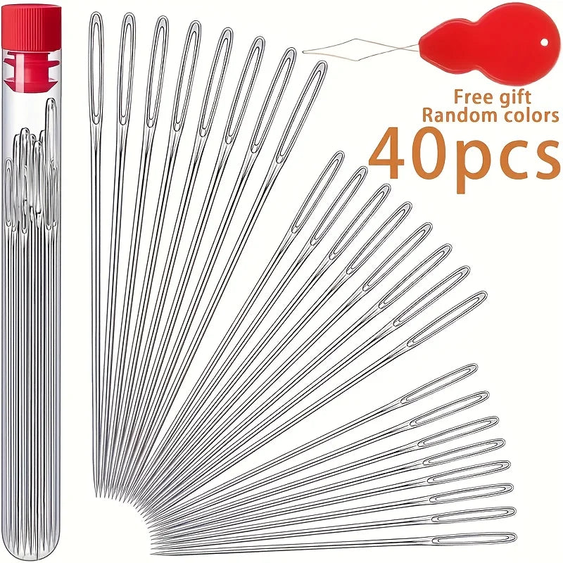 A set of 40 assorted stainless steel hand sewing needles with a red gift tag.