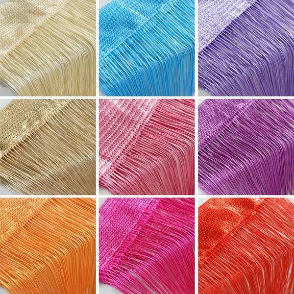 A collection of colorful threads in various shades including beige, blue, purple, pink, and orange.