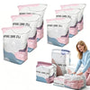 Multiple pink and white space-saving vacuum storage bags are shown, some filled with fabric and others empty.