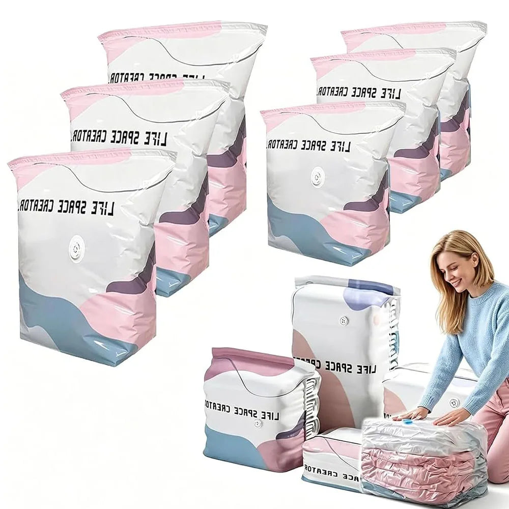 Multiple pink and white space-saving vacuum storage bags are shown, some filled with fabric and others empty.