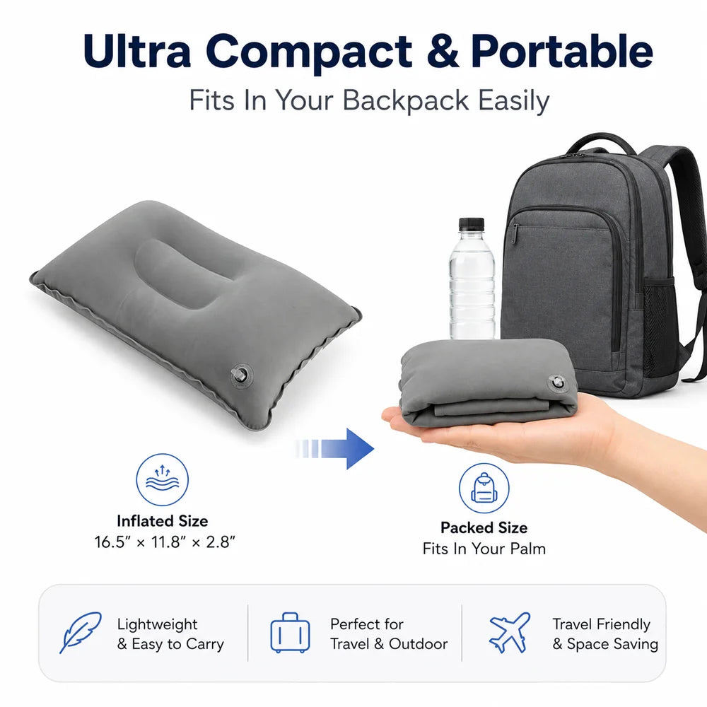 A gray inflatable travel neck pillow shown next to a black backpack and a hand, highlighting its compact size and portability