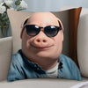 A close-up of a square decorative throw pillow cover featuring a cartoon character with sunglasses and a denim shirt.