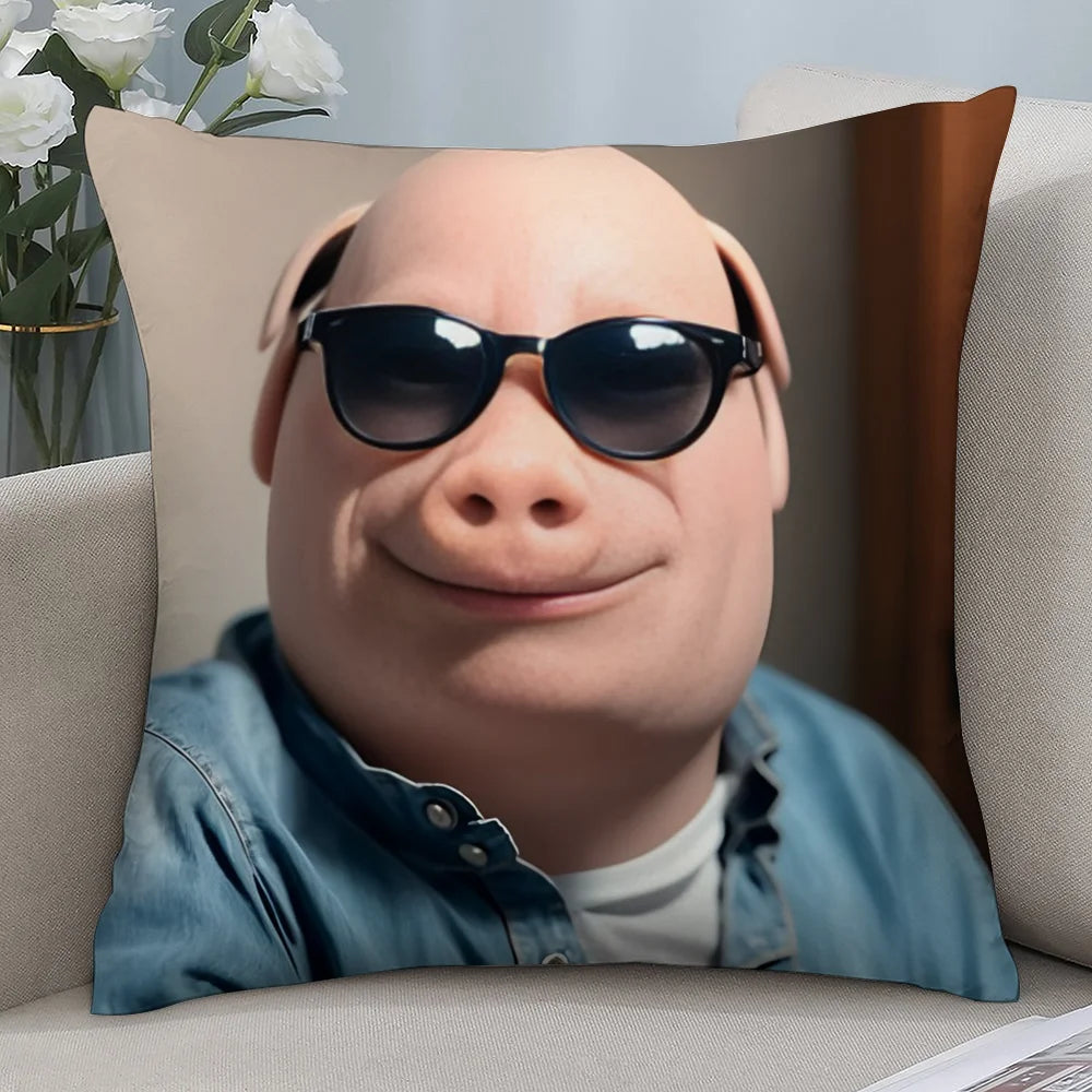 A close-up of a square decorative throw pillow cover featuring a cartoon character with sunglasses and a denim shirt.
