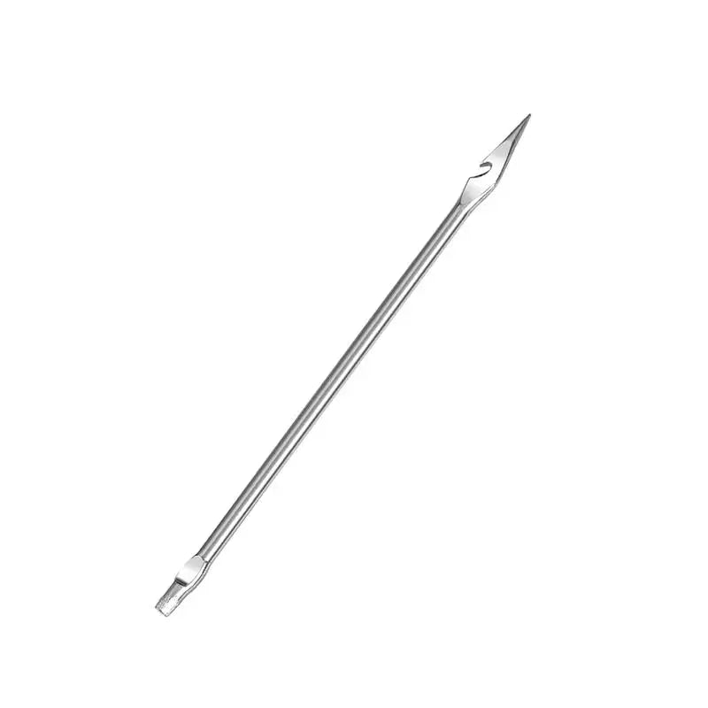 A silver leather sewing awl and stitching kit tool.