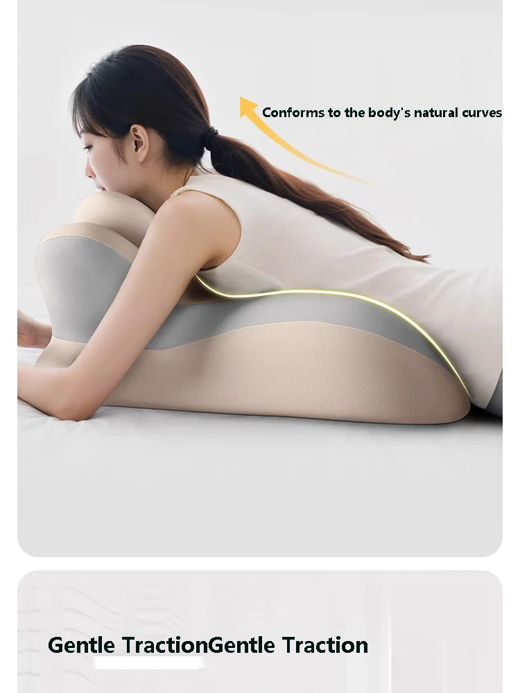 A woman is shown using an ergonomic memory foam wedge pillow that conforms to the body's natural curves for neck, back, and l