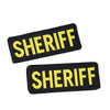 Two black embroidered patches with the word SHERIFF in yellow thread