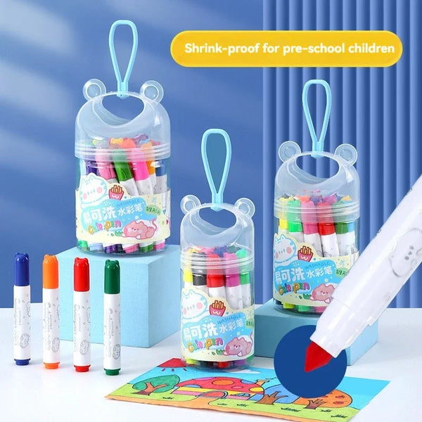 A set of shrink-proof washable art markers for preschool children displayed in clear containers.