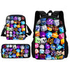 A set of cartoon kids' backpack, shoulder bag, and pencil case filled with colorful character stickers.