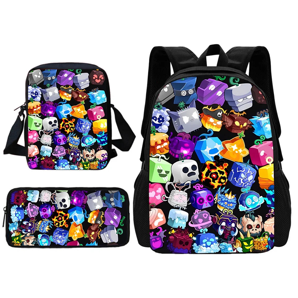A black cartoon school backpack set featuring a main bag and an attached pencil case filled with various colorful character s