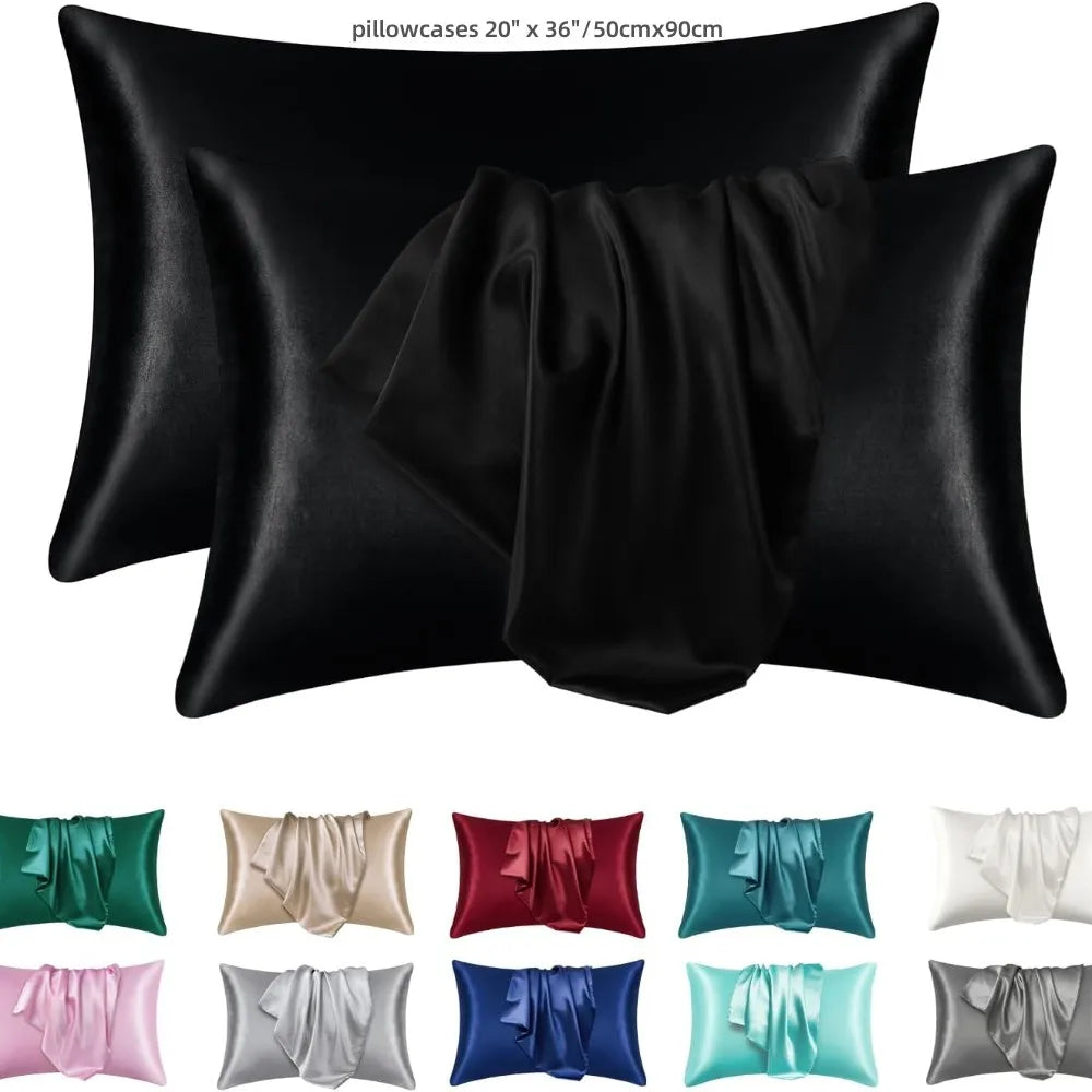 A set of black satin pillowcases shown in various colors including green, beige, red, blue, and white.