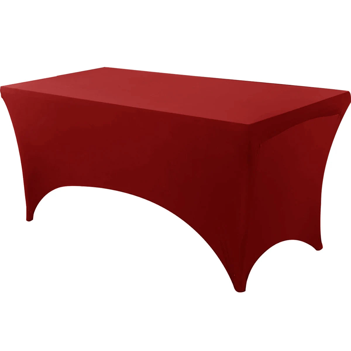 A solid red stretch tablecloth set for dining and event decor.
