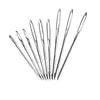 A collection of stainless steel large eye hand sewing needles arranged diagonally.