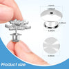 Stainless steel locking pin backs for brooches and lapel pins shown next to a hand and size diagrams.