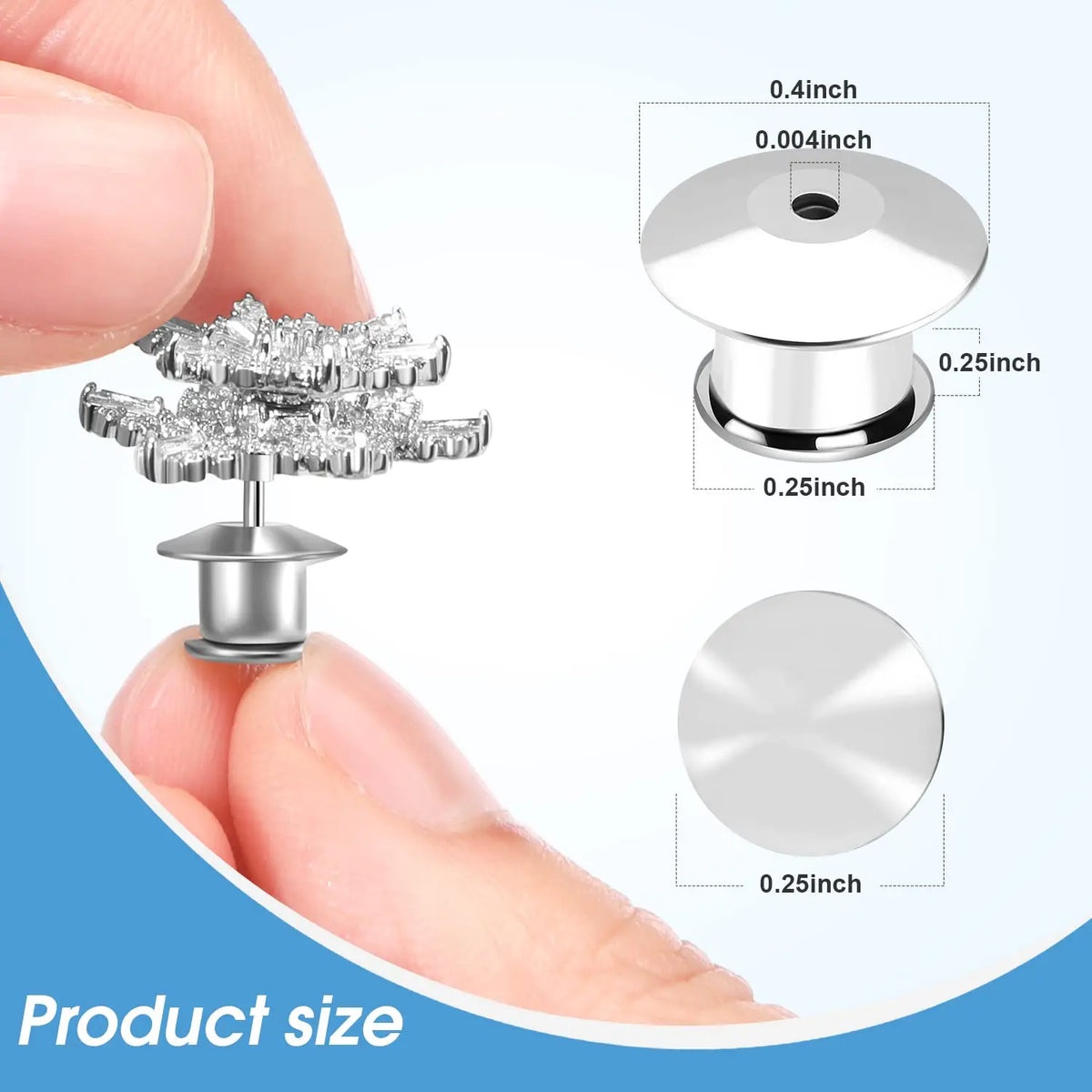 Stainless steel locking pin backs for brooches and lapel pins shown next to a hand and size diagrams.