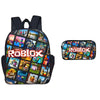 A black backpack with a Roblox theme featuring various game screenshots and a matching pen case.